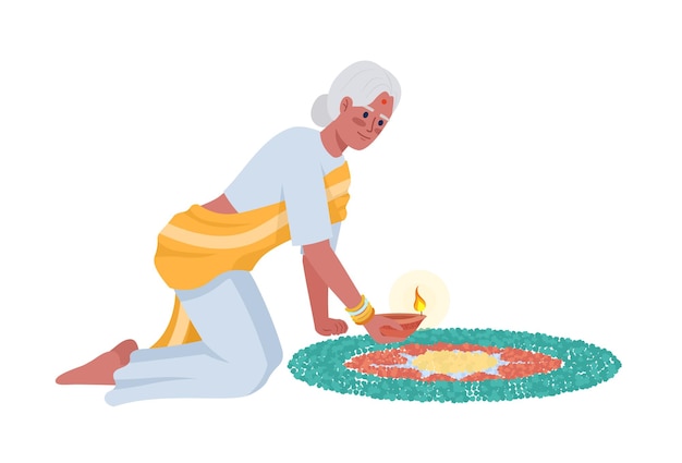 Senior woman with mandala and diya semi flat color vector character