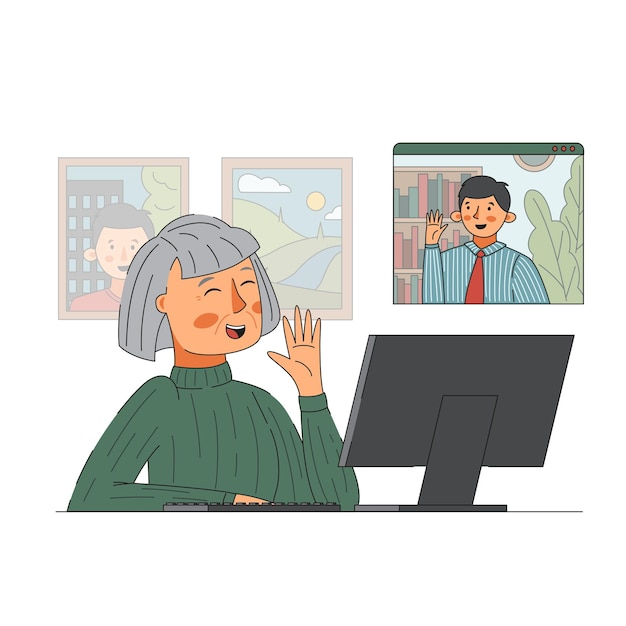 Senior women talking online to son on computer