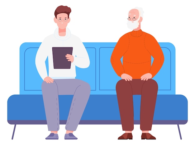 Senior and young man waiting People sitting on sofa