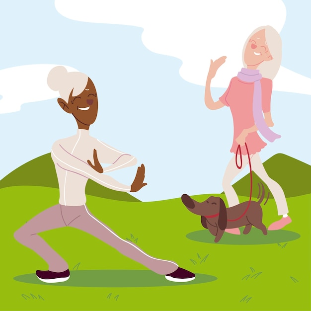 Seniors active, elderly women practicing yoga and walking with dog in the park  illustration