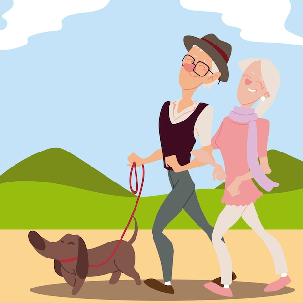 Seniors active, old couple walking with dog in park  illustration