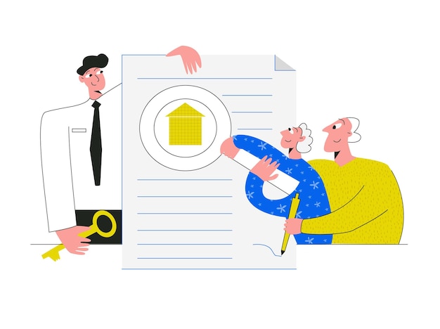 Seniors couple buying a home. Estate agent giving house keys to old client after signing agreement contract real estate with approved mortgage application form. Flat vector cartoon illustration