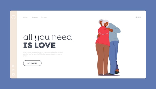 Seniors Love Landing Page Template Old Man and Woman Embracing and Hugging Loving Elderly Couple Romantic Relations