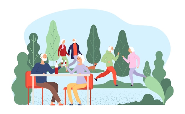 Seniors resting. Elderly vector illustration. Grandmother grandfather characters. Old couples drink wine, walk with dog. Grandfather and grandmother elderly senior, adult together love illustration