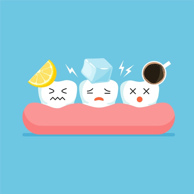 Sensitive cartoon teeth with ice, hot drinks and lemon. Dental care concept. Vector illustration.