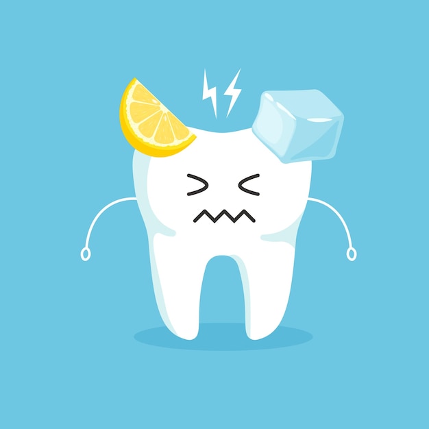 Sensitive cartoon teeth with ice and lemon. Dental care concept.Vector illustration isolated on blue