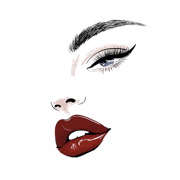 Sensual face with red juicy lips and eye art