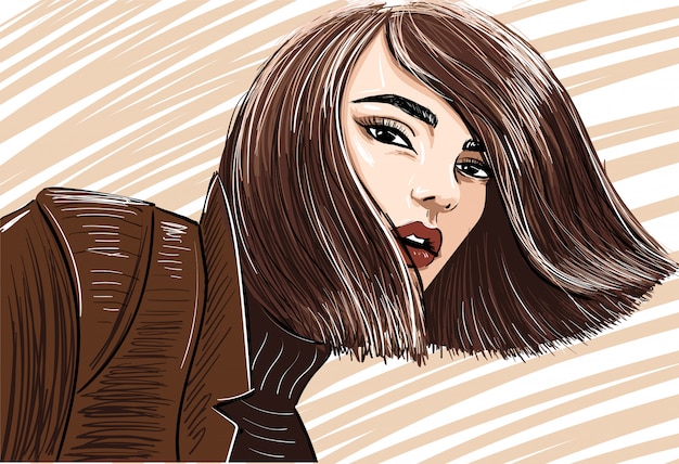 Sensual hand drawn woman with shiny haircut