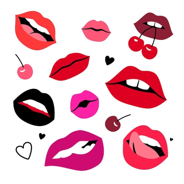 Vector sensual lips set. cartoon colorful women lips with cherry and hearts, concept of sensual kisses, vector illustration of sexy glamorous smiles with tongue isolated on white backgroun