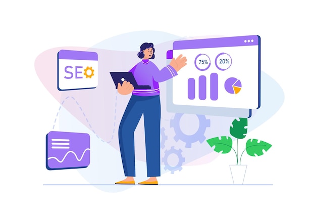 Vector seo analysis concept with people scene in flat design woman analyzes site data and webpage