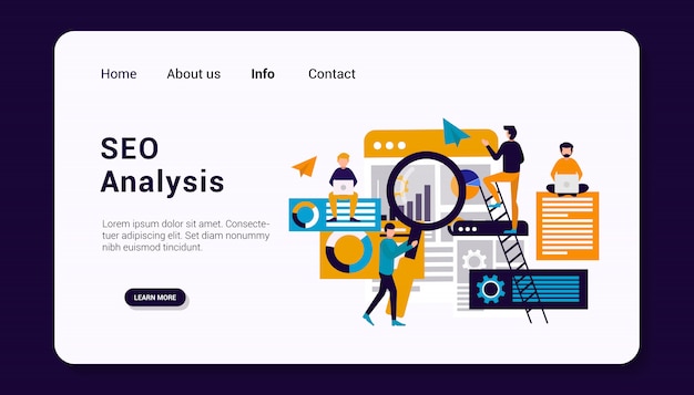 SEO analysis landing page template with business human group concept, flat design .  