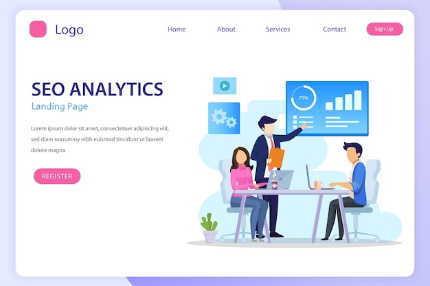 SEO Analytics Team Search engine ranking Seo success Seo optimization illustration with icons and character Flat vector template style Suitable for Web Landing Pages