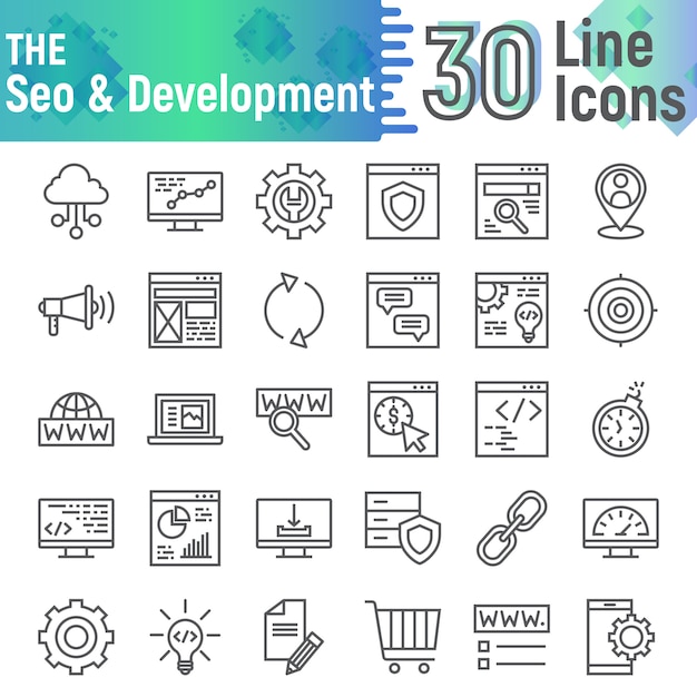 SEO and development line icon set collection