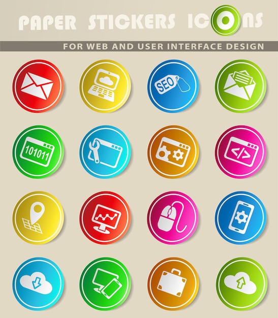 Seo and development vector icons on colored paper stickers