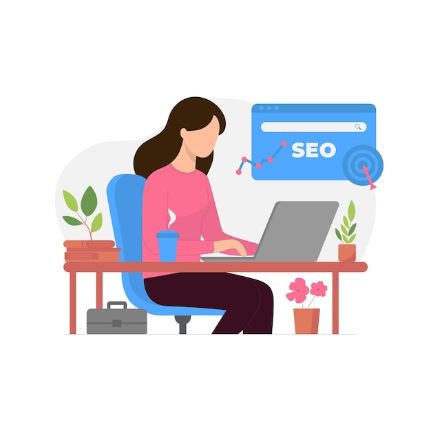 Vector seo illustration woman working on a laptop preparing a new website creating a strategy and analyz