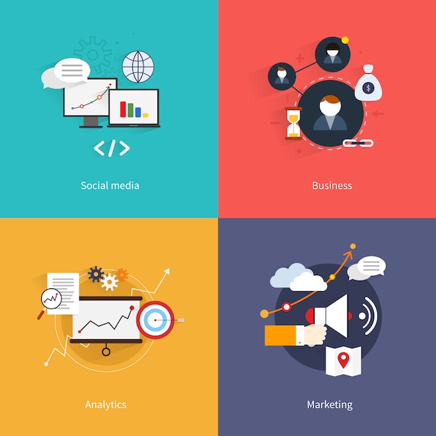 SEO marketing flat element composition set with social media business analytics isolated vector illustration