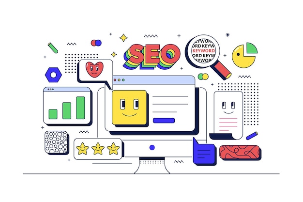 SEO optimization concept Computer and related icons Flat line 90s cartoon style Vector illustration