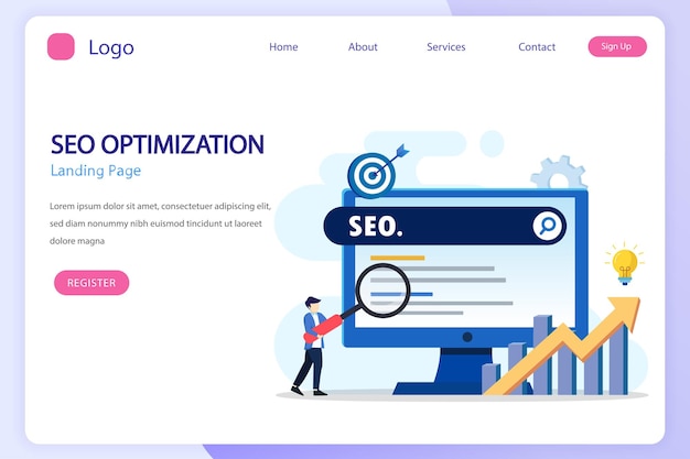 SEO optimization concept website development entrepreneur business web data analyst illustration with icons and character Flat vector template style Suitable for Web Landing Pages