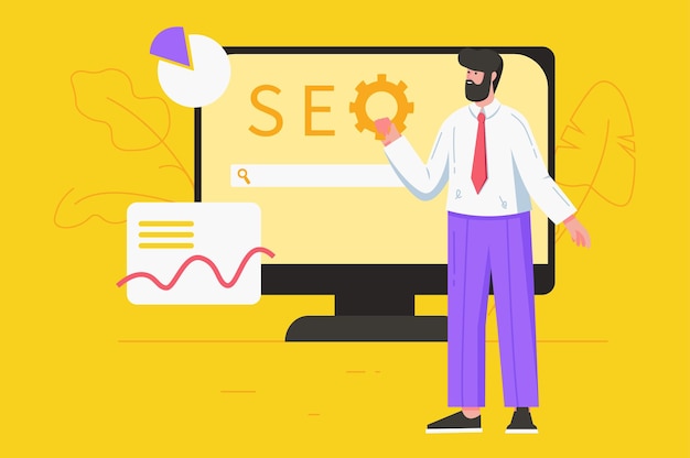 Seo optimization service modern flat concept. Man settings up search engine, works with site data, analyzes query statistics and ranking. Vector illustration with people scene for web banner design