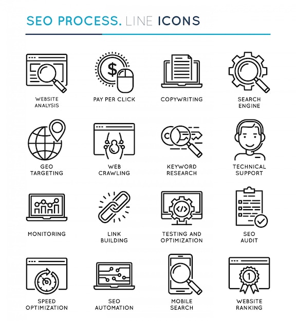 SEO Search Engine Optimization process thin line icon set. 