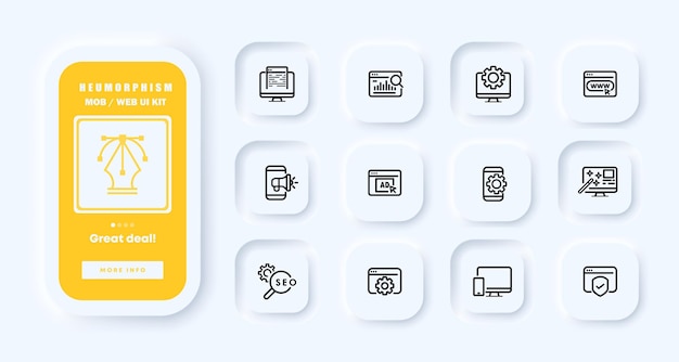 Seo settings set icon Targeted advertising target audience merchant contextual databases website online store order Neomorphism UI phone app screens Vector line icon for Business