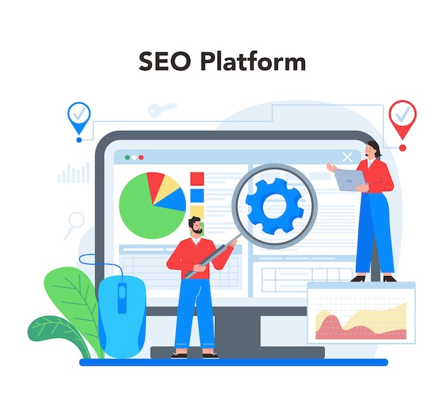 SEO specialist online service or platform Idea of search engine optimization for website as marketing strategy Web page promotion Vector flat illustration