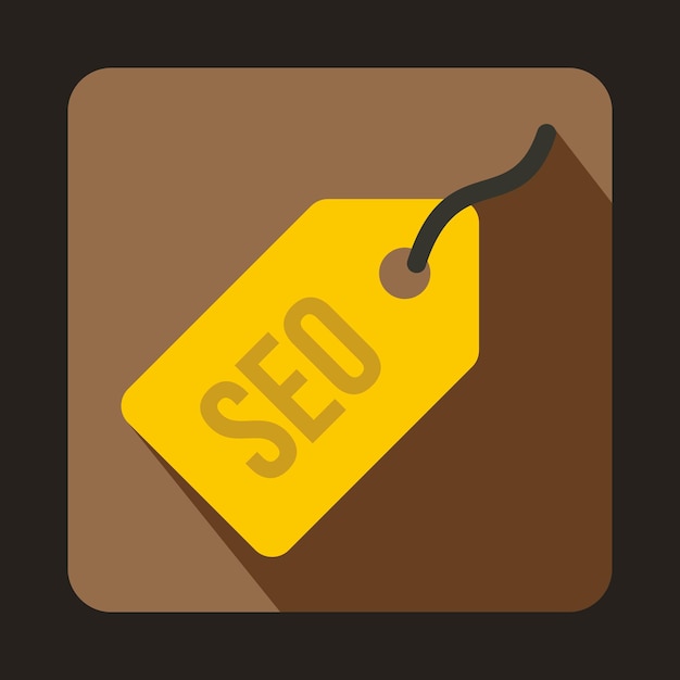 SEO yellow tag icon in flat style on a coffee background