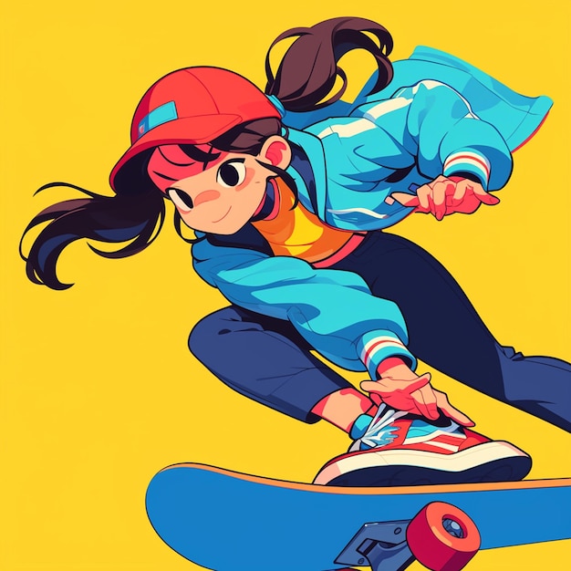 A Seoul girl skates inline in cartoon style