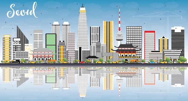 Seoul Korea Skyline with Color Buildings, Blue Sky and Reflections. Vector Illustration. Business Travel and Tourism Concept with Modern Architecture. Seoul Cityscape with Landmarks.