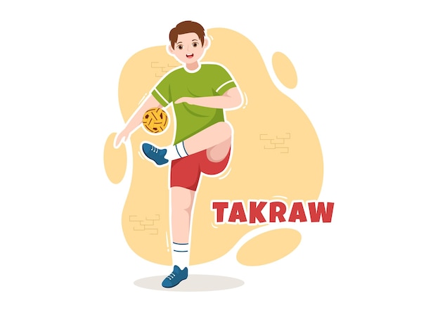 Sepak Takraw Illustration with Athlete Playing Kick Ball on Court in Sports Game Competition