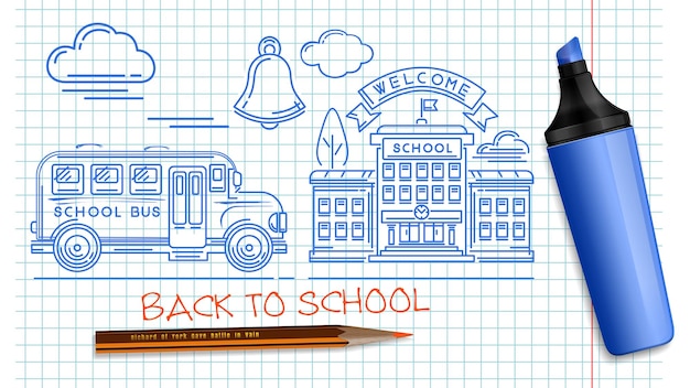 September 1. Back to school. School design set. Collection school hand-drawn icons on a sheet.