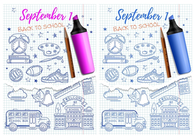 September 1. Back to school. School design set. Collection school hand-drawn icons on a sheet.