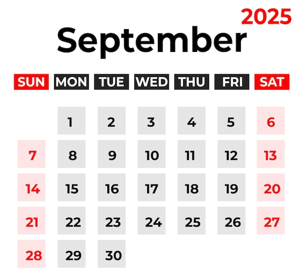 Vector september 2025 monthly calendar design week starts from sunday