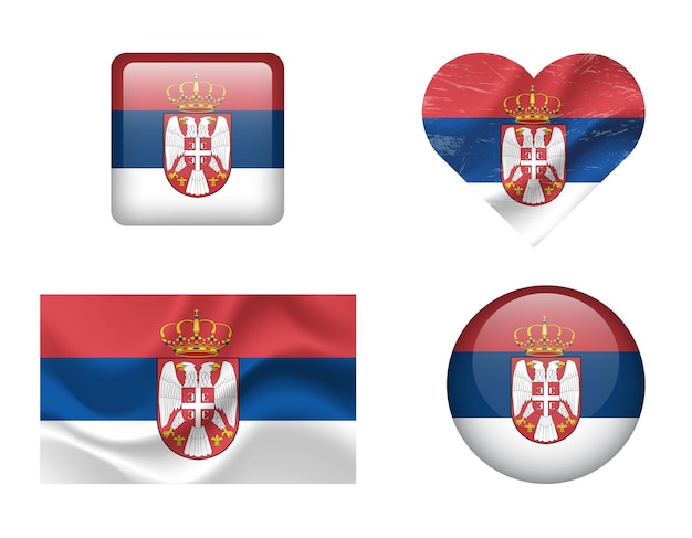 Vector serbia flag set of icons vector flag of serbia symbol set of serbian flags button waved heart