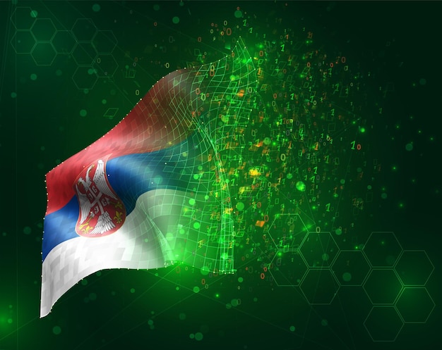 Serbia, vector 3d flag on green background with polygons and data numbers