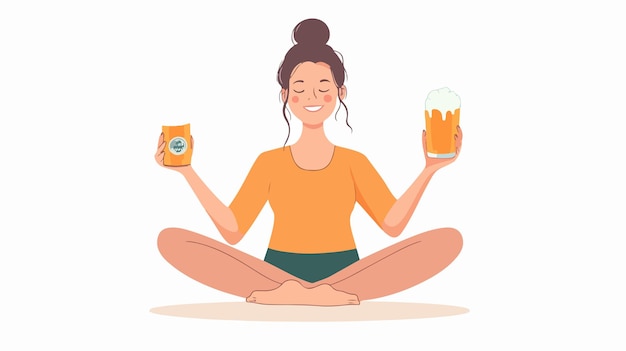 Vector serene anonymous woman enjoying beer while practicing yoga