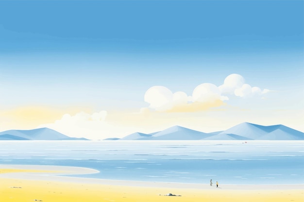 Serene beach with distant mountains