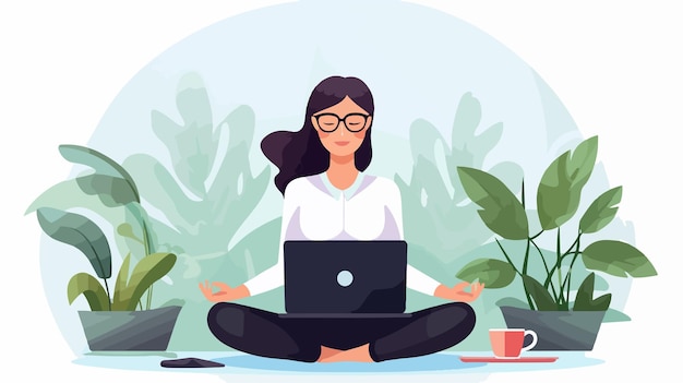 Vector serene businesswoman meditating at workplace mindful female professional sitting