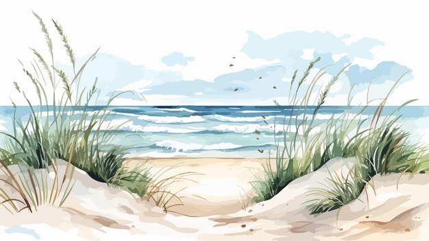 Vector serene coastal dune landscape with sea grass on beach