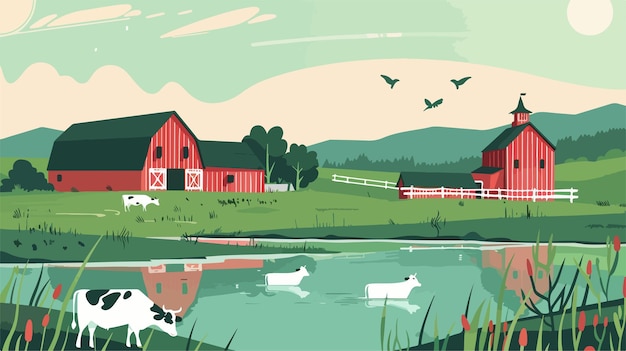 Serene Countryside Farm with Red Barns and Green Fields