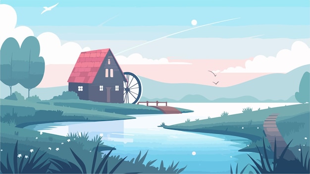 Vector serene countryside mill with waterwheel