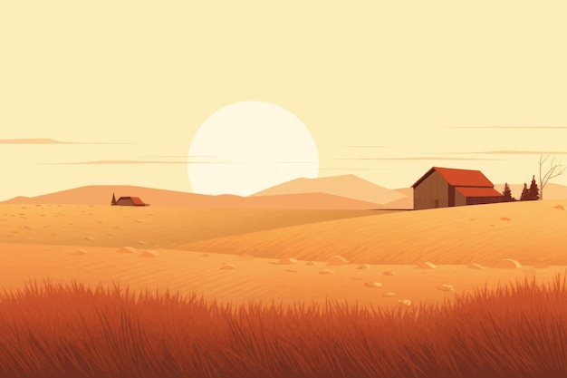 Vector serene countryside sunset landscape