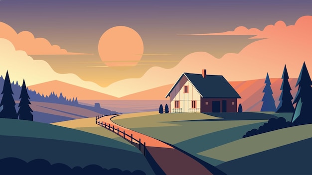 a serene countryside with the sun setting behind a farmhouse vector illustration flat 2