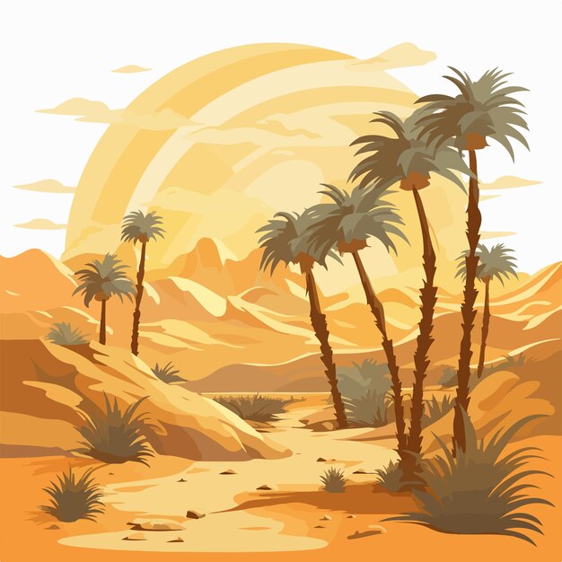 Vector serene desert landscape with palm trees