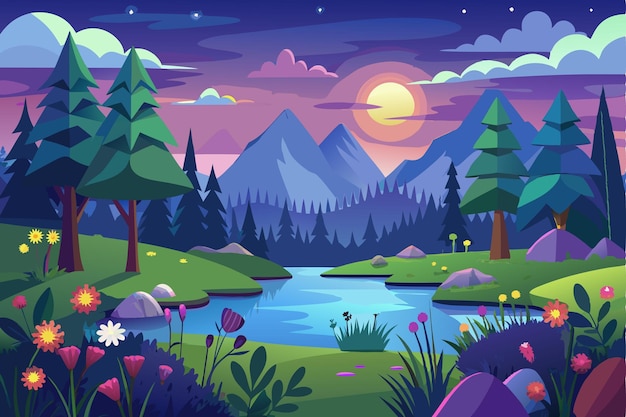 Vector serene evening landscape with river mountains and flowers