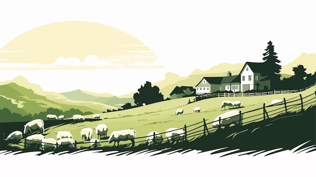 Serene Farm Rolling Hills Landscape with Farmhouse and Sheep