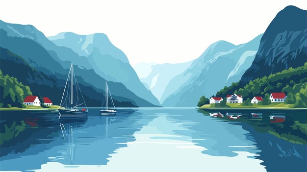 Vector serene fjord landscape in norway with boats and mountain view