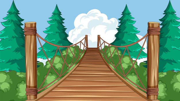 Vector serene forest bridge illustration