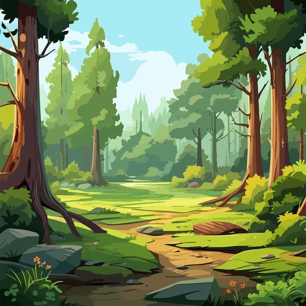 Vector serene forest landscape in daylight cartoon vector illustration