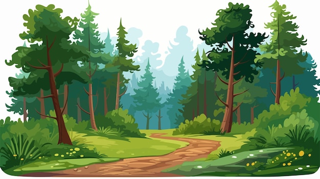 Vector serene forest trail with tall trees in vibrant green tones flat vector illustration